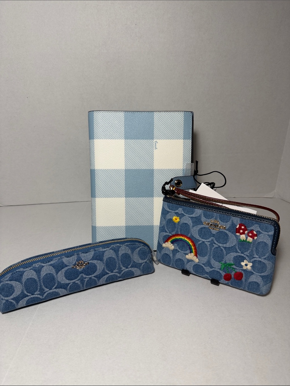 Coach Gingham Print Notebook Corner Zip Wristlet In Signature Denim